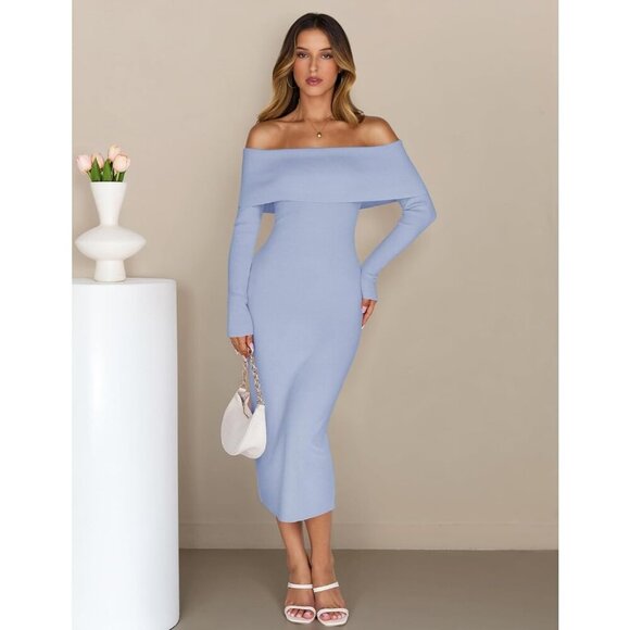 Women's Off Shoulder Bodycon Sweater Dress Long Sleeve Party Midi Dress Blue - Picture 3 of 9